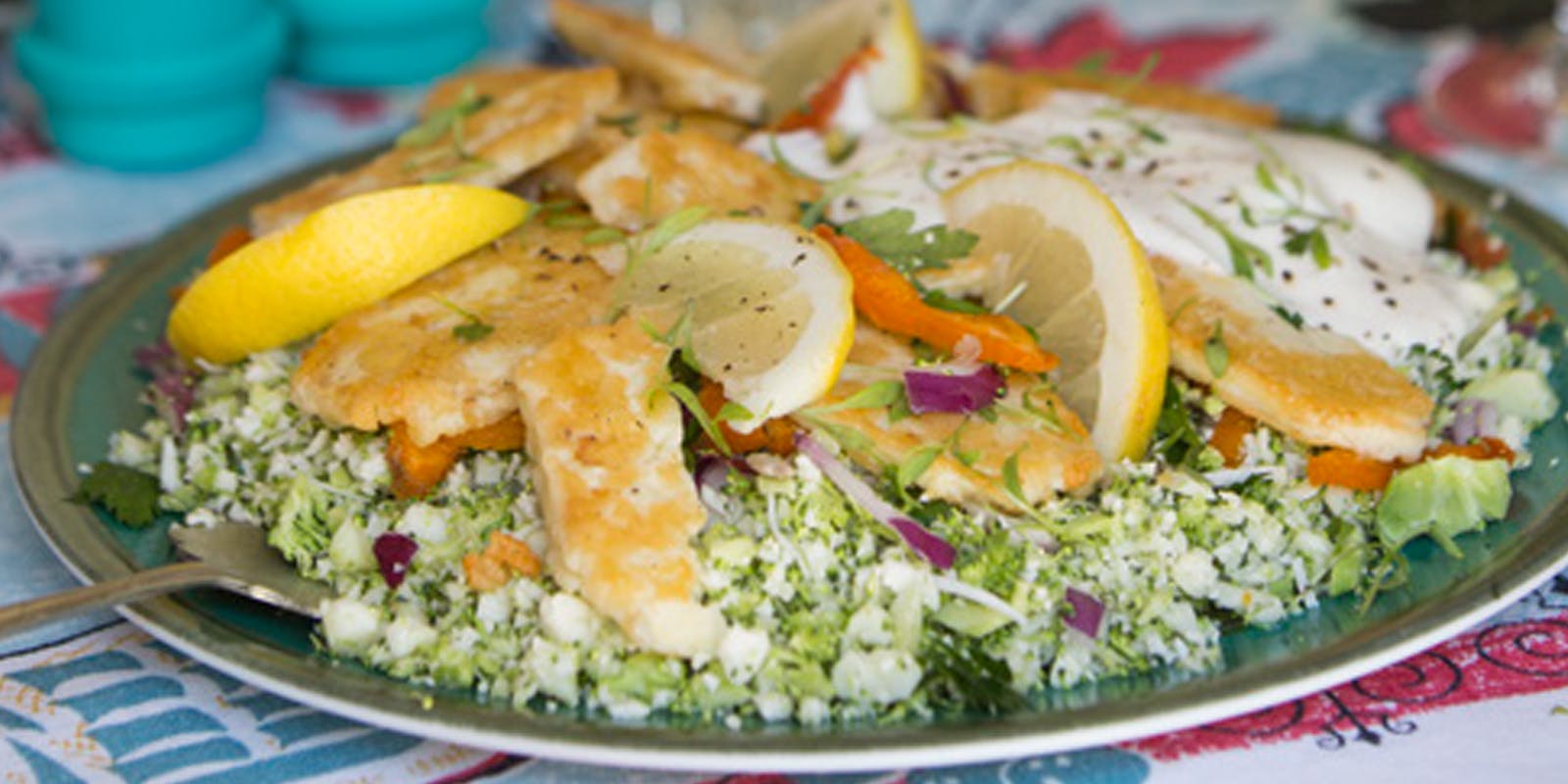 Cauliflower couscous salad with grilled halloumi